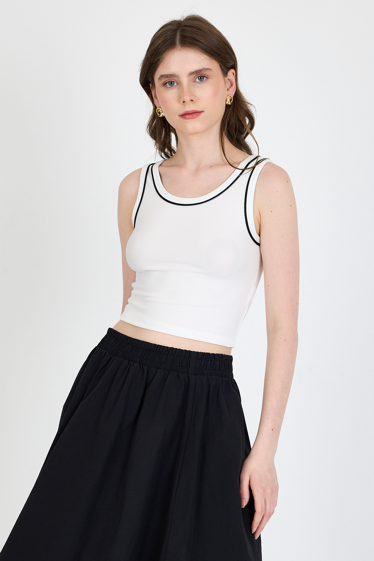 Ekru Şerit Detaylı Örme Crop Atlet 1049 - 2