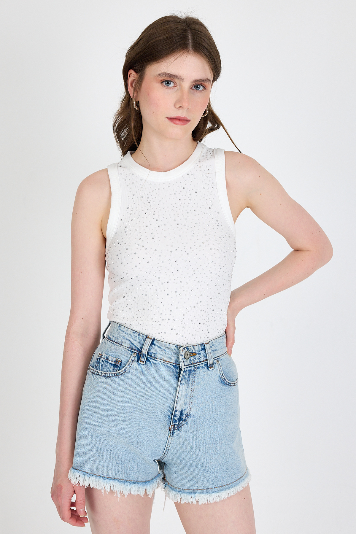 Ekru Taş İşleme Detaylı Halter Yaka Örme Atlet 0349 - 1