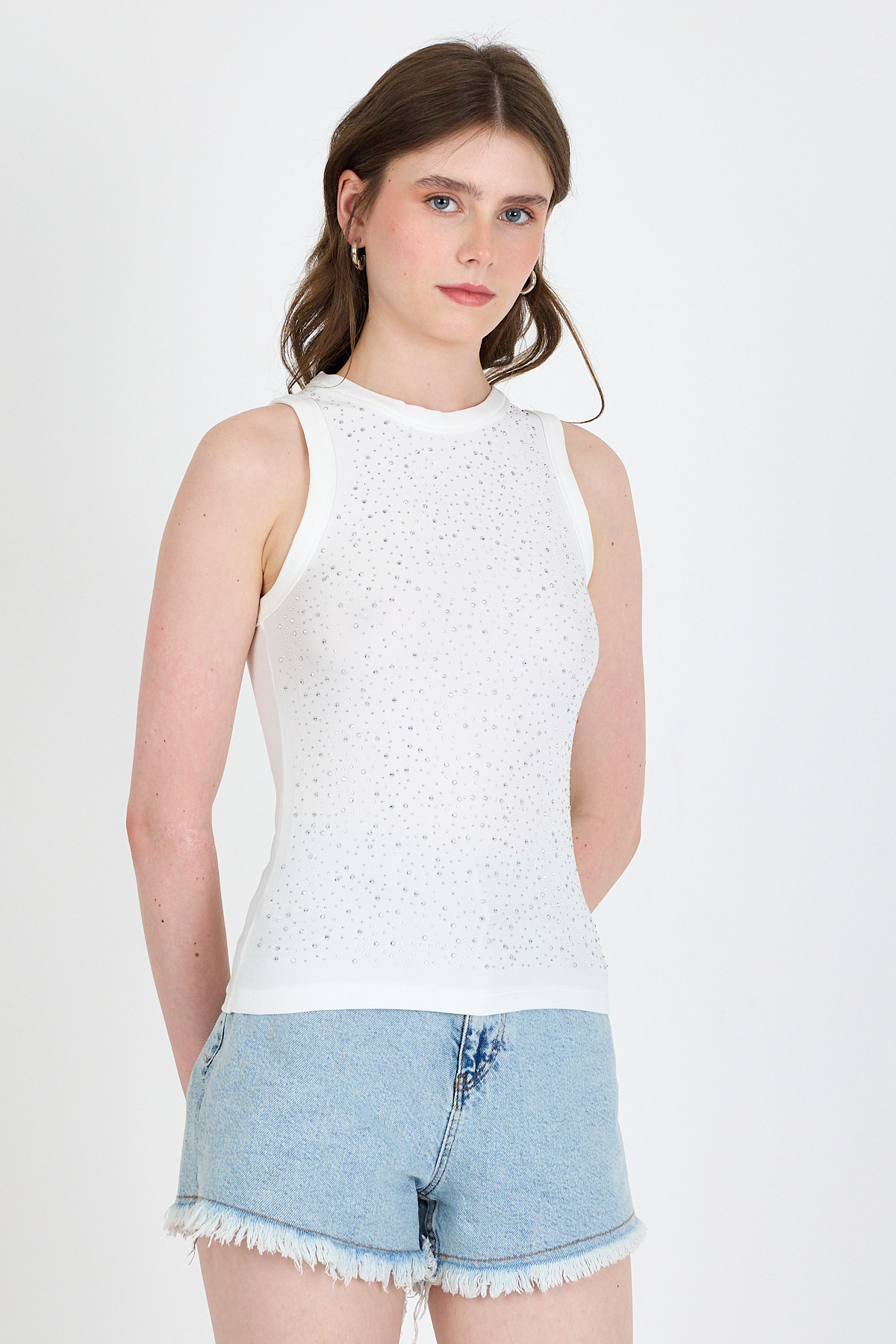 Ekru Taş İşleme Detaylı Halter Yaka Örme Atlet 0349 - 2