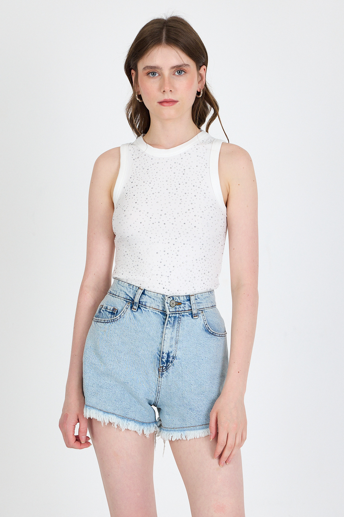 Ekru Taş İşleme Detaylı Halter Yaka Örme Atlet 0349 - 3