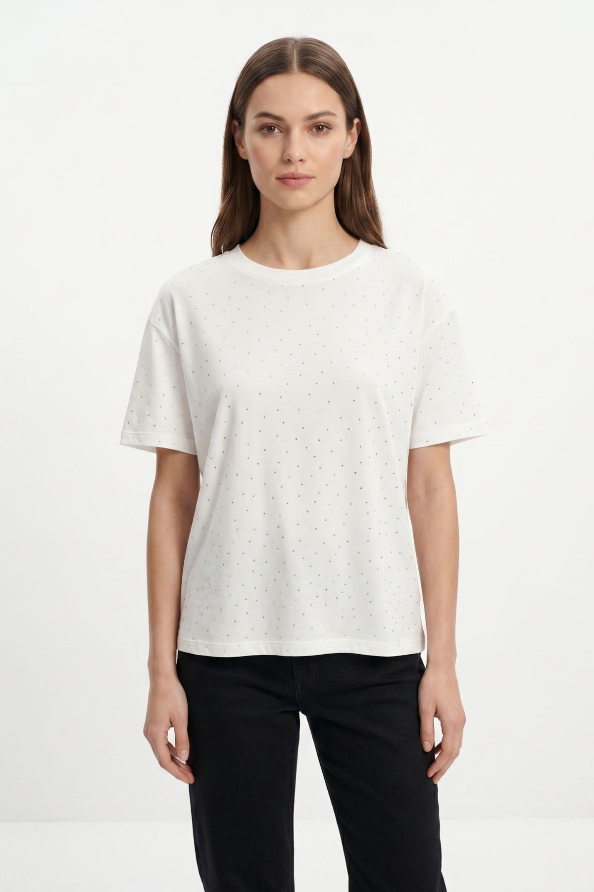Taşlı Bisiklet Yaka Tişört 1762 Ekru - RAYS