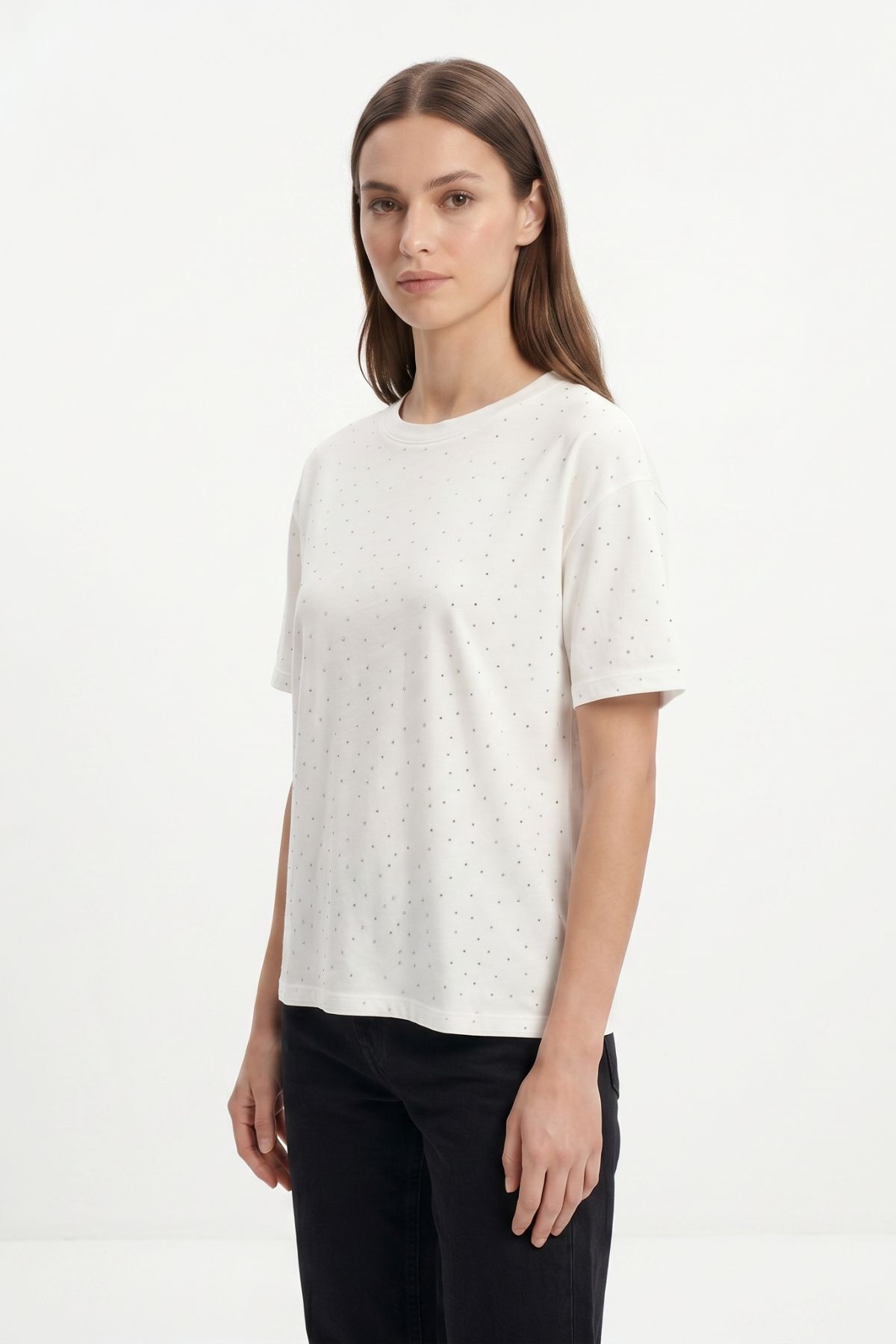 Ekru Taşlı Bisiklet Yaka Tişört 1762 