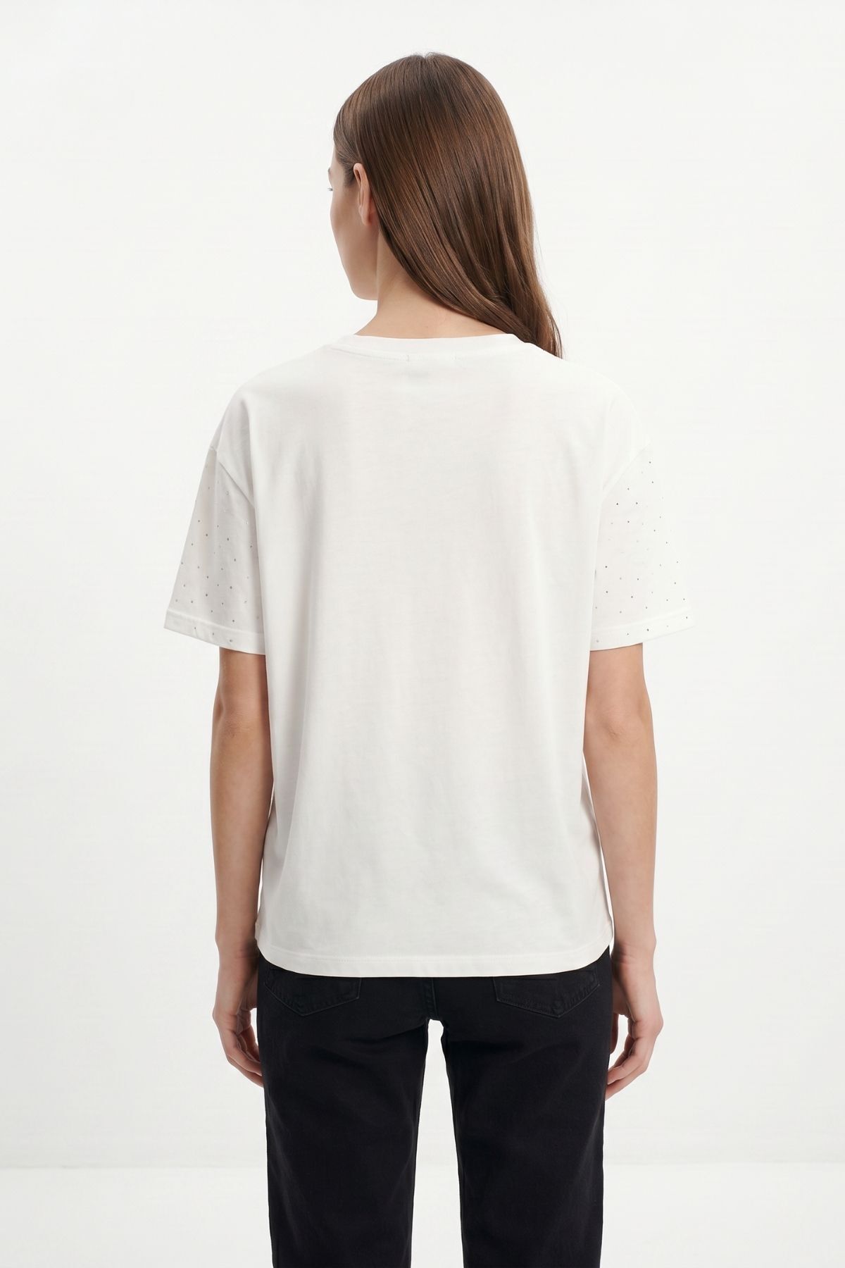 Ekru Taşlı Bisiklet Yaka Tişört 1762 - 3