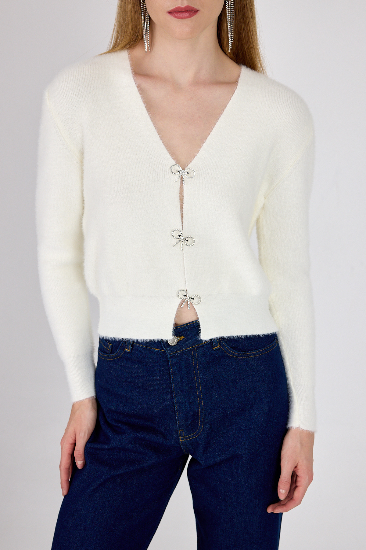 Ekru Taşlı Fiyonk Düğmeli Kadın Triko Hırka 6803 - 6