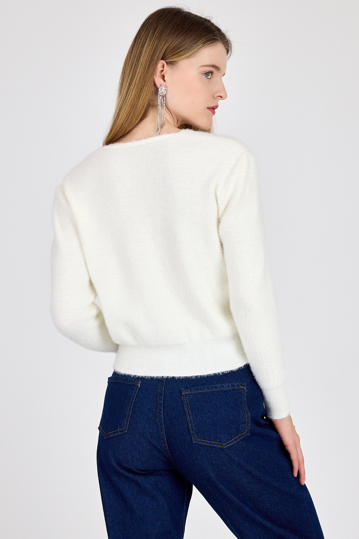 Ekru Taşlı Fiyonk Düğmeli Kadın Triko Hırka 6803 - 5