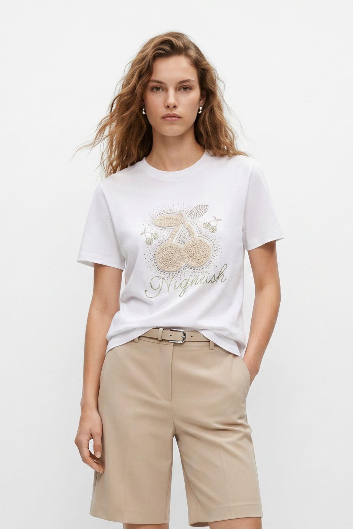 Ekru Taşlı Kiraz Desenli Crop Tişört 26750 - RAYS (1)