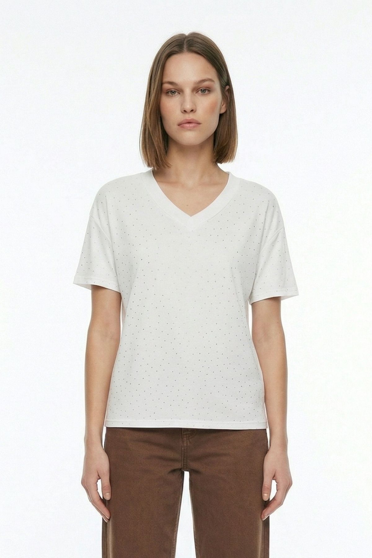 Ekru Taşlı V Yaka Kısa Kol Tişört 1761 - 2