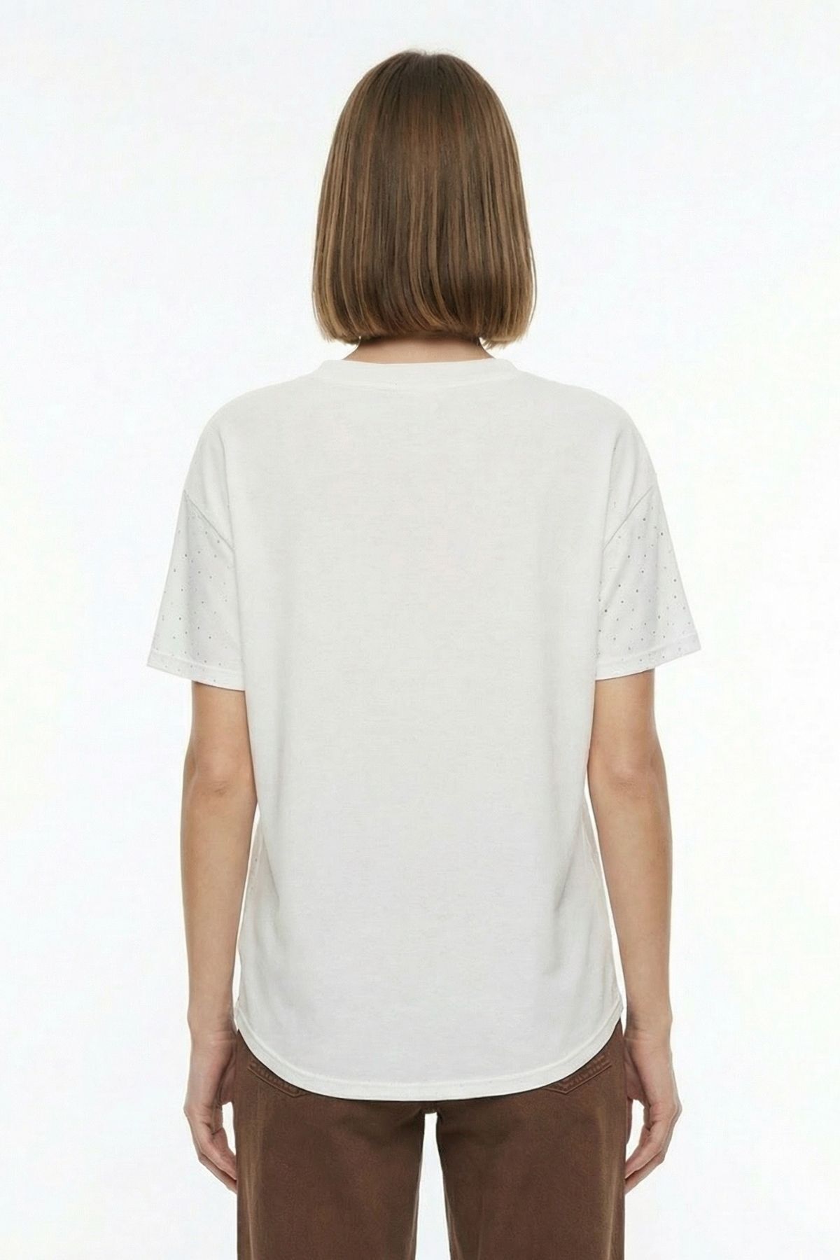 Ekru Taşlı V Yaka Kısa Kol Tişört 1761 - RAYS