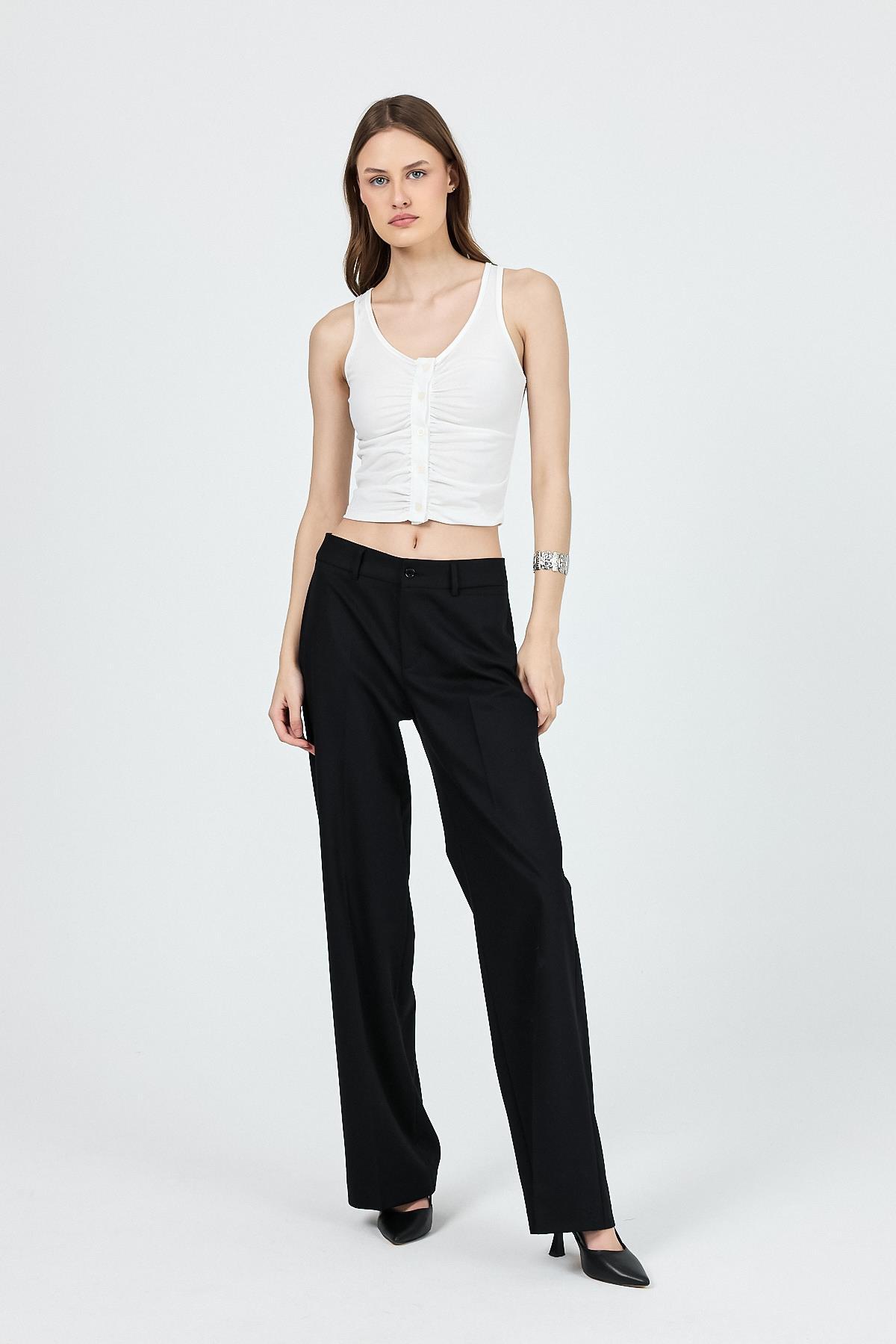 Ekru U Yaka Büzgülü Düğmeli Atlet 13298 - RAYS