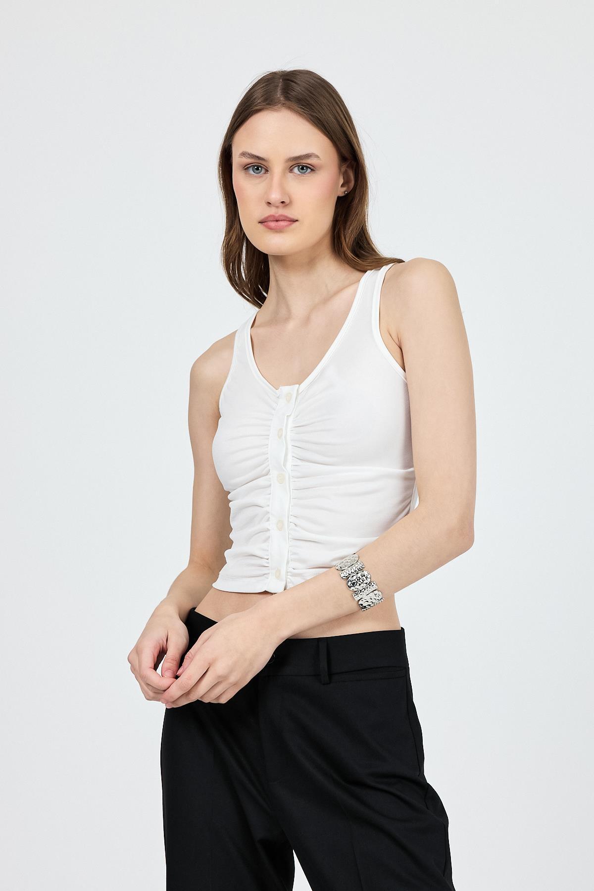 Ekru U Yaka Büzgülü Düğmeli Atlet 13298 - 3