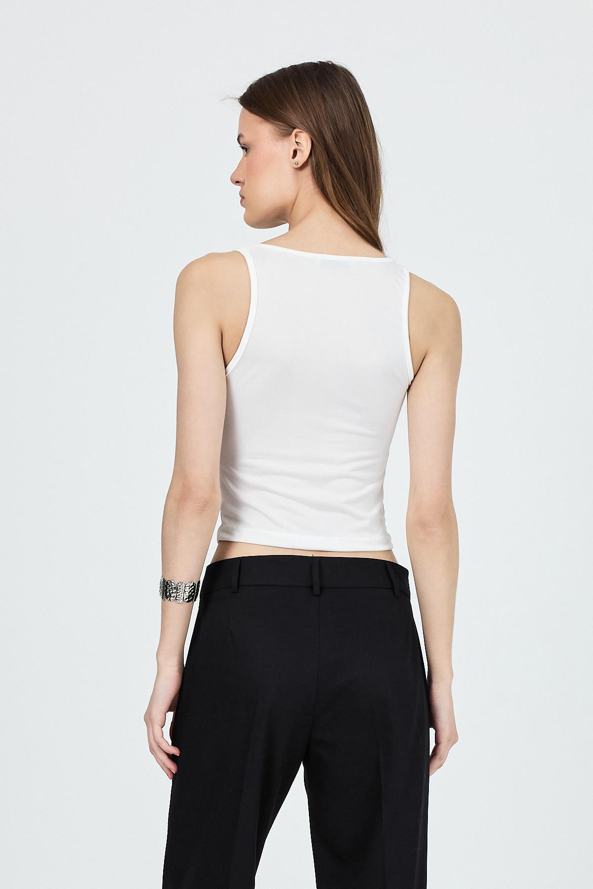 Ekru U Yaka Büzgülü Düğmeli Atlet 13298 - 5