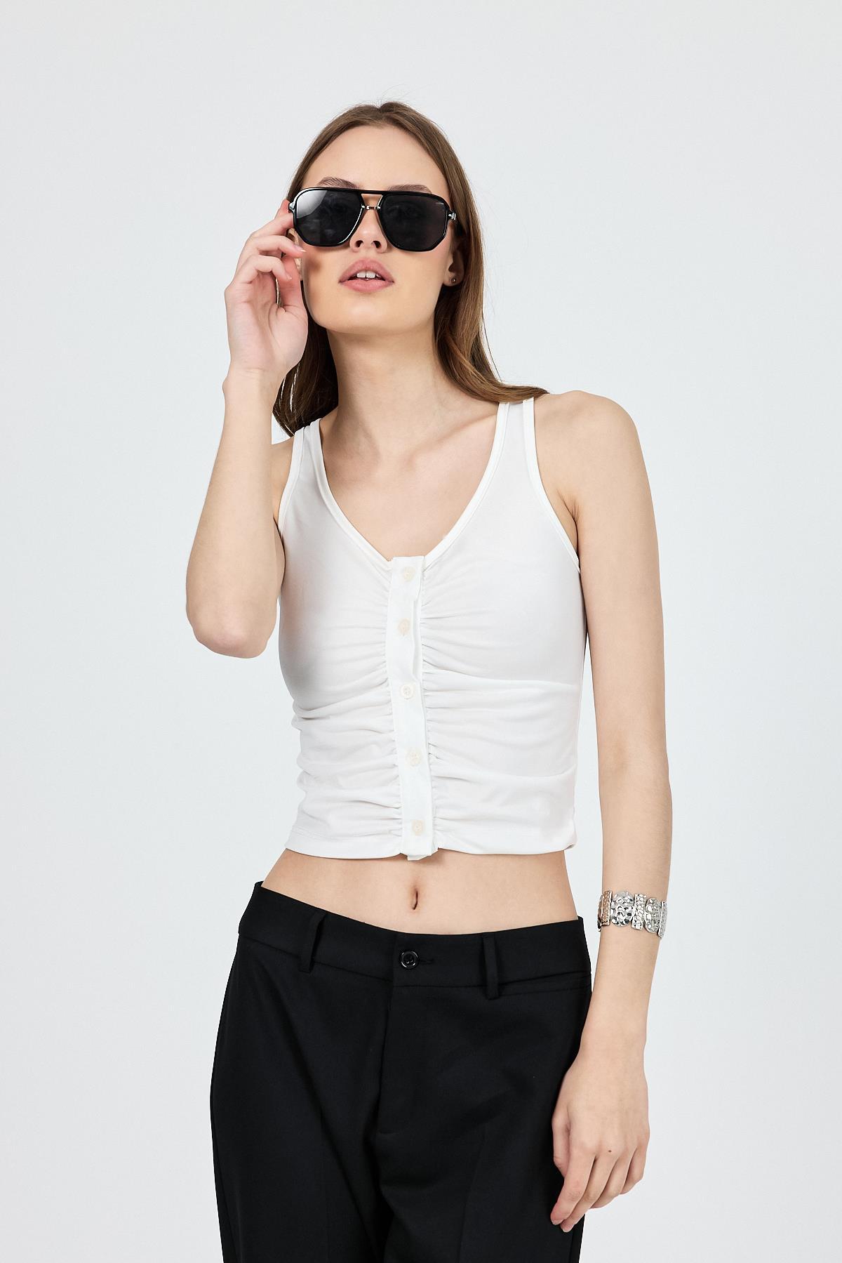 Ekru U Yaka Büzgülü Düğmeli Atlet 13298 - 6