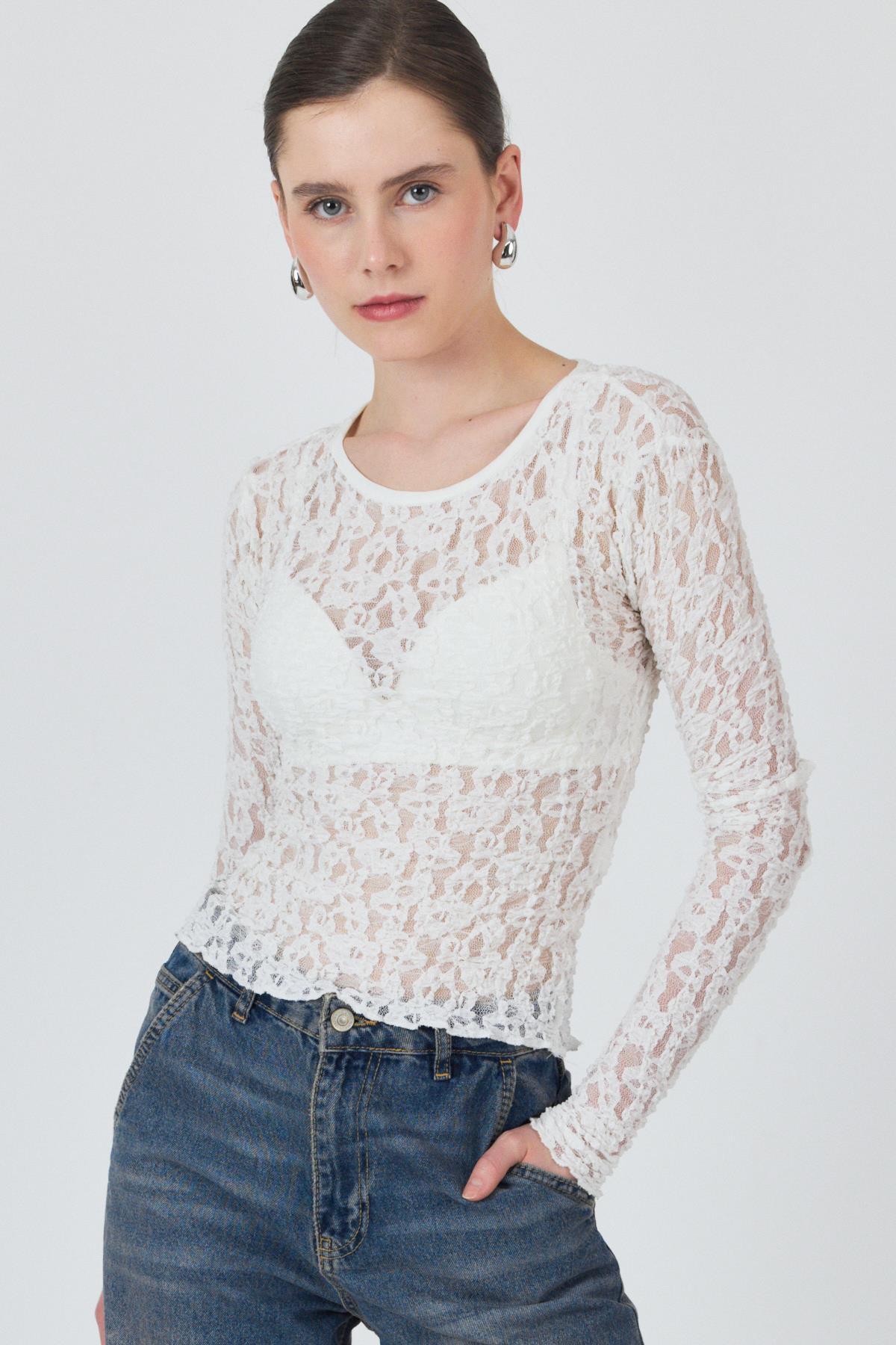 Ekru Uzun Kollu Dantel Bluz 6871 - 1