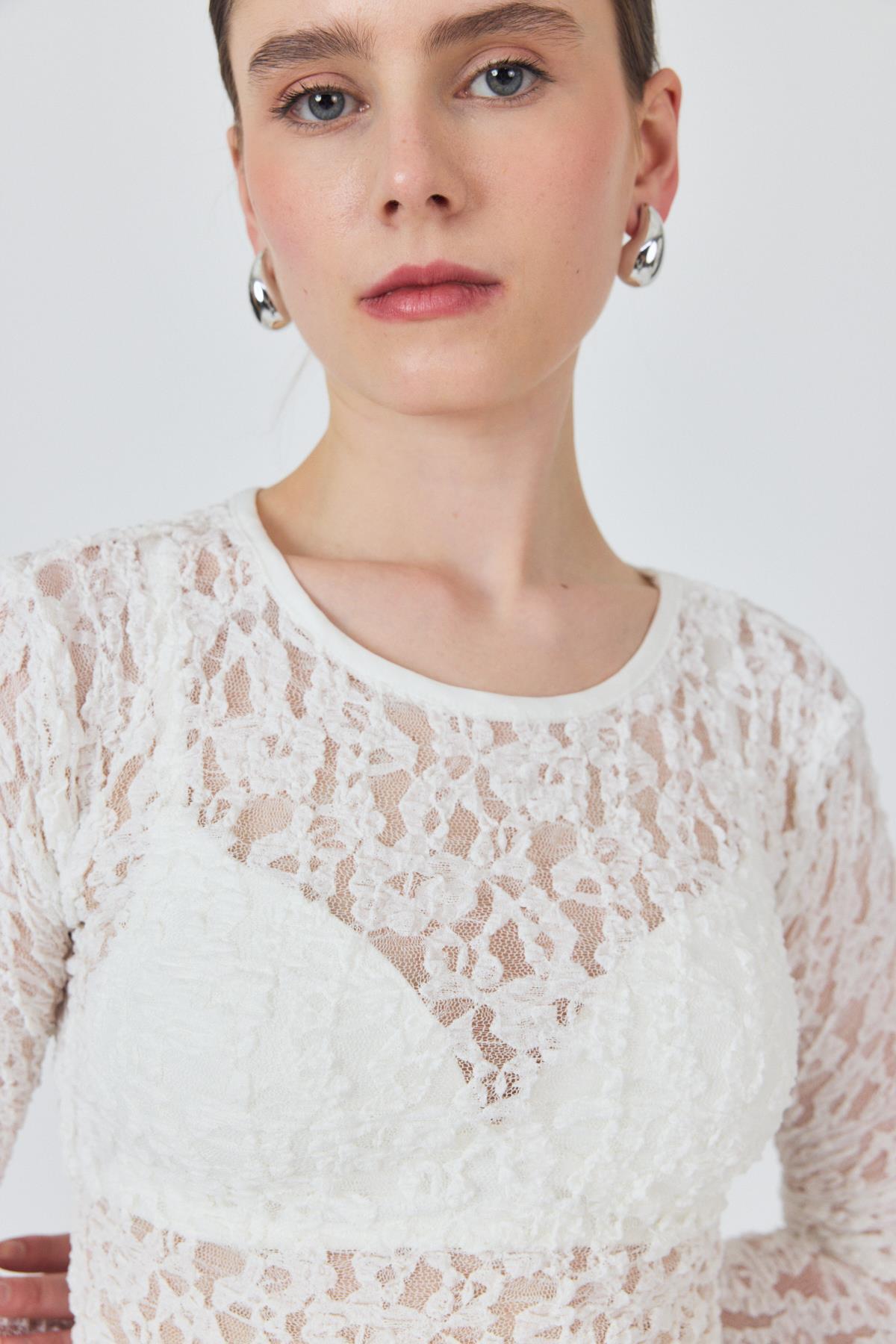 Ekru Uzun Kollu Dantel Bluz 6871 - 4