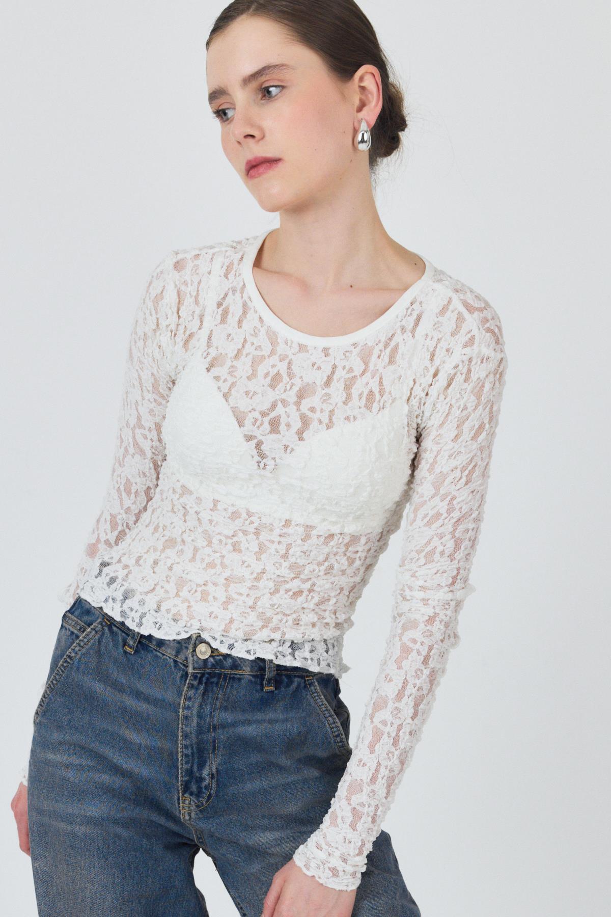 Ekru Uzun Kollu Dantel Bluz 6871 - 2
