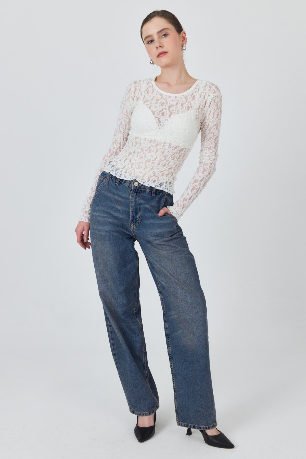 Ekru Uzun Kollu Dantel Bluz 6871 - 3