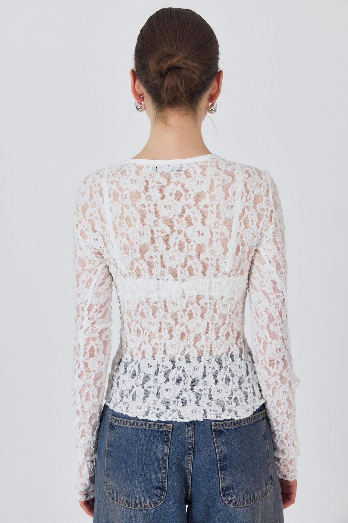 Ekru Uzun Kollu Dantel Bluz 6871 - 5