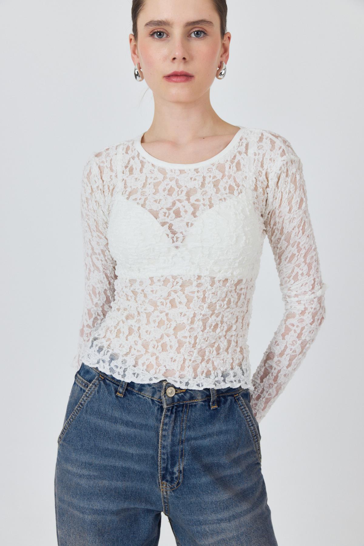 Ekru Uzun Kollu Dantel Bluz 6871 - 7