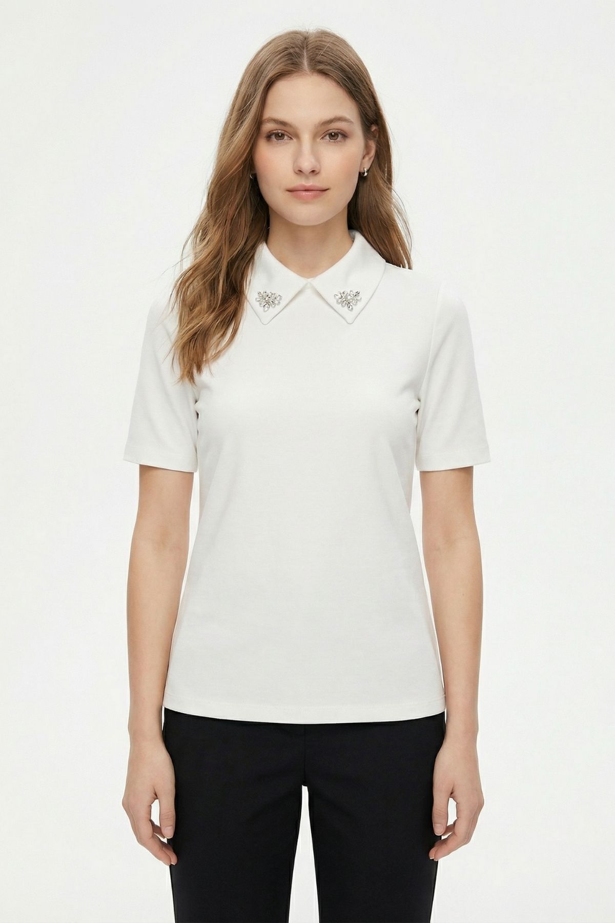 Ekru Yaka Taşlı Kısa Kollu Tişört 6294 - RAYS