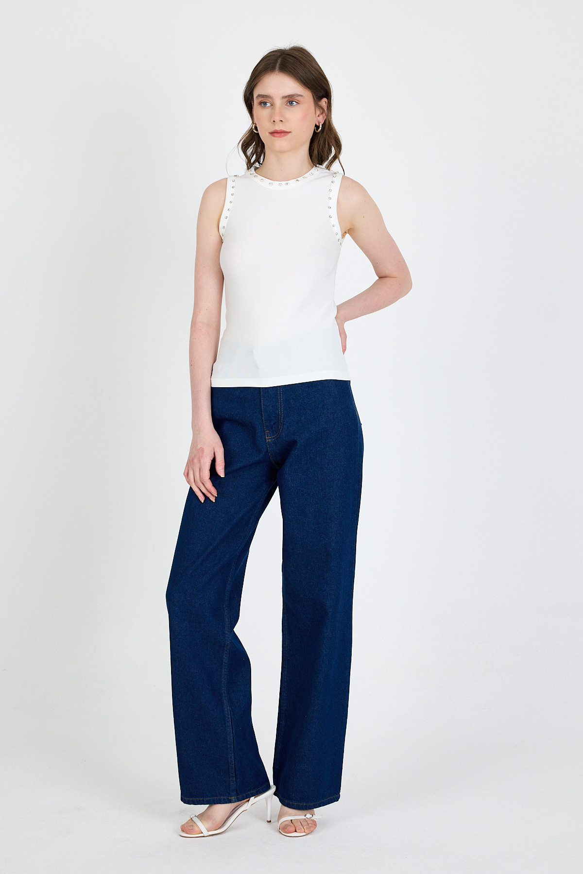 Ekru Yaka Ve Omuz Taş Detaylı Ribanalı Örme Atlet 1249 - RAYS