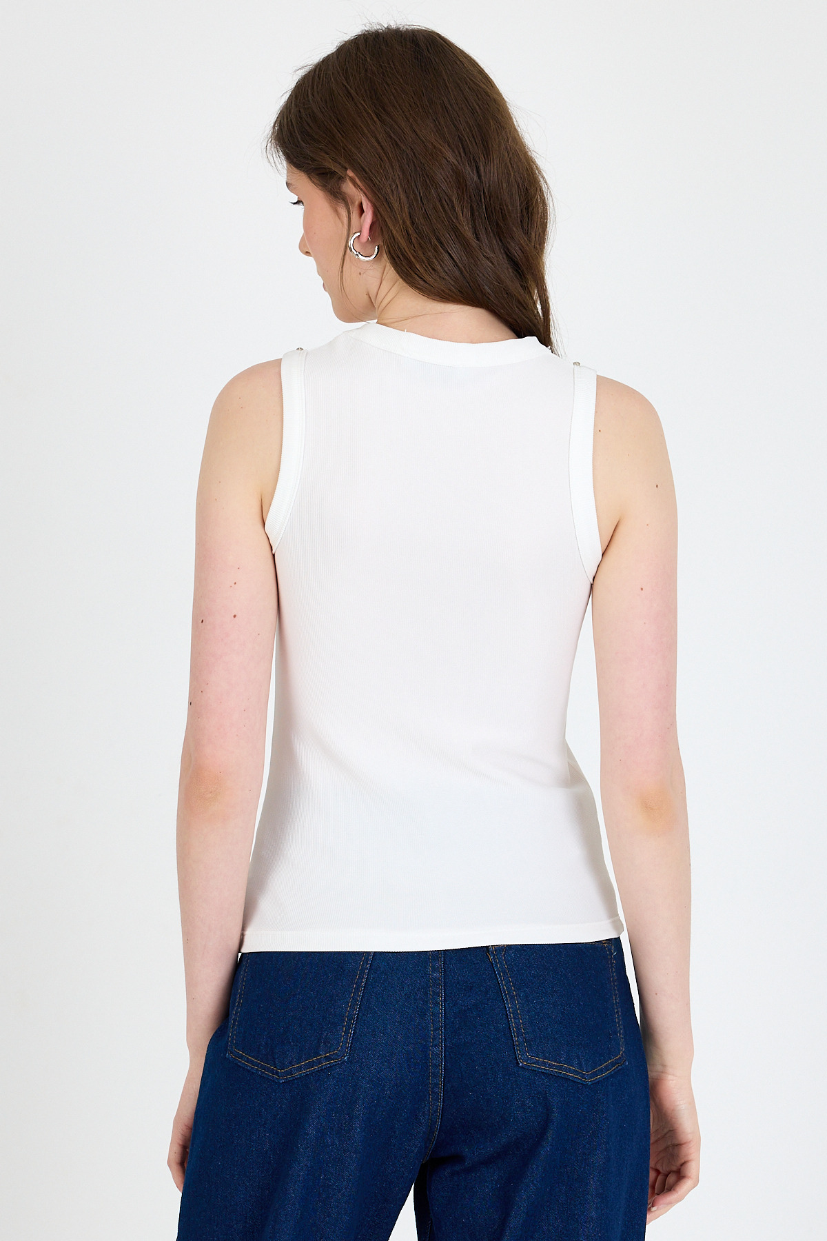 Ekru Yaka Ve Omuz Taş Detaylı Ribanalı Örme Atlet 1249 - 5