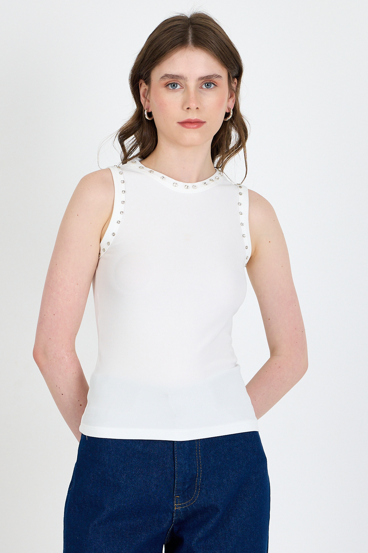 Ekru Yaka Ve Omuz Taş Detaylı Ribanalı Örme Atlet 1249 - 6