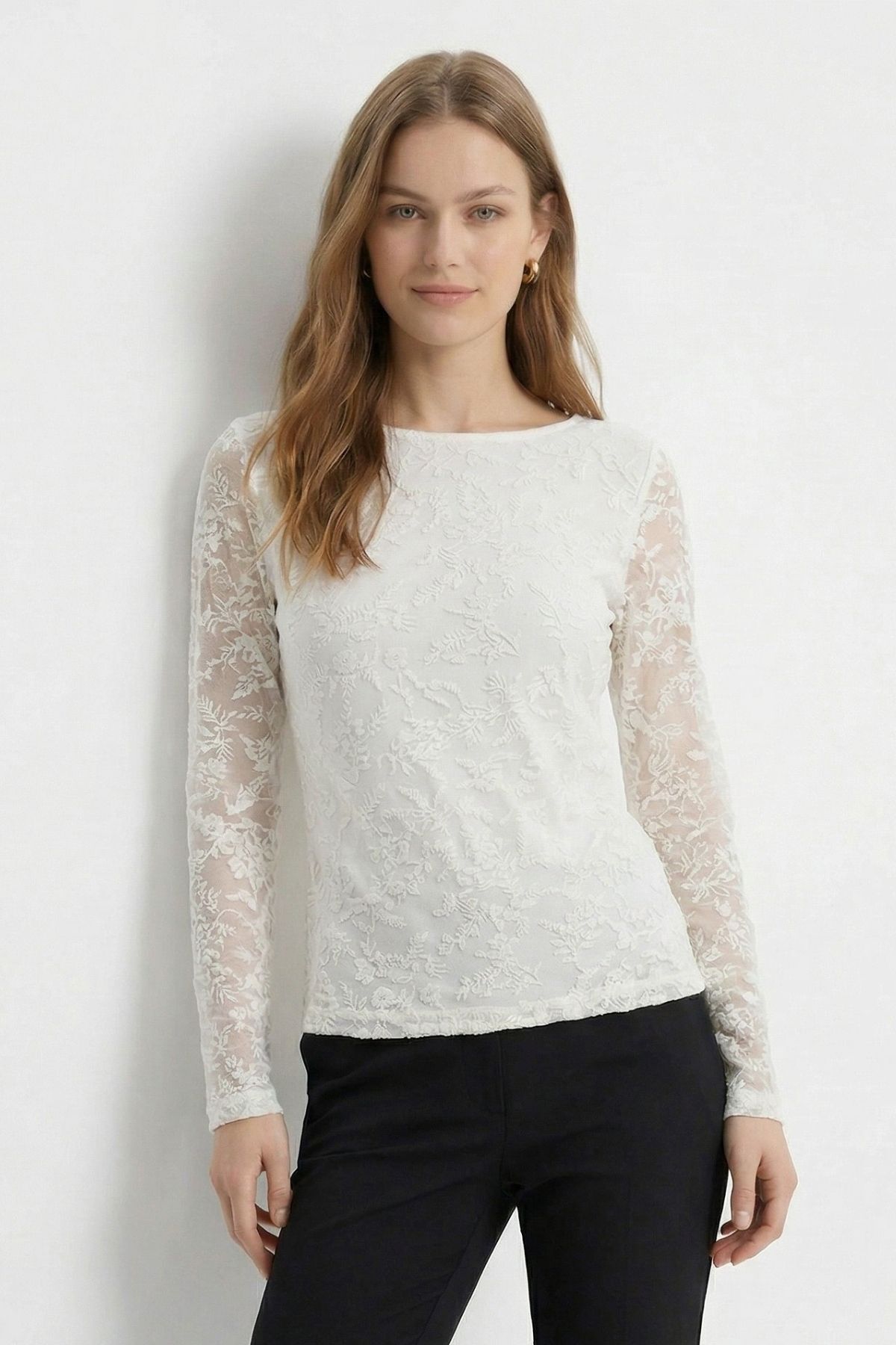 Ekru Yandan Büzgülü Desenli Bluz 8476A - 1