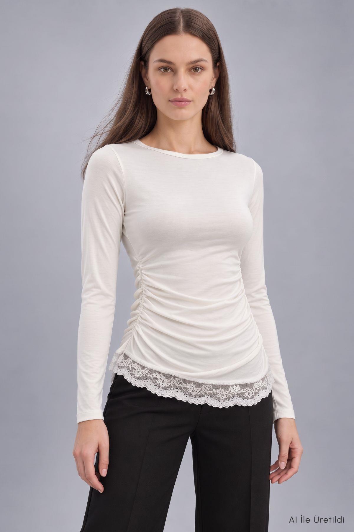 Eteği Dantelli Bluz 6180 Beyaz - 1