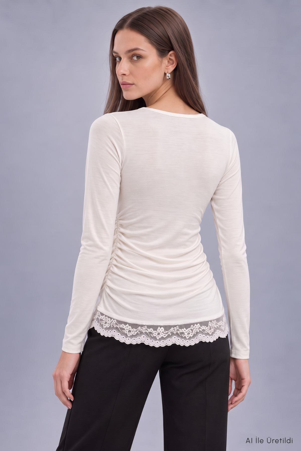 Eteği Dantelli Bluz 6180 Beyaz - RAYS