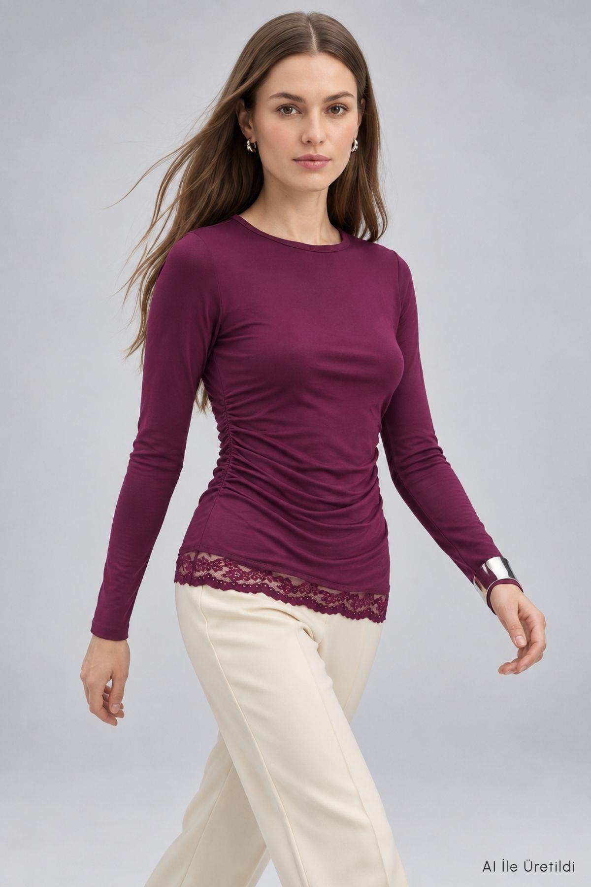 Eteği Dantelli Bluz 6180 Mürdüm - 1