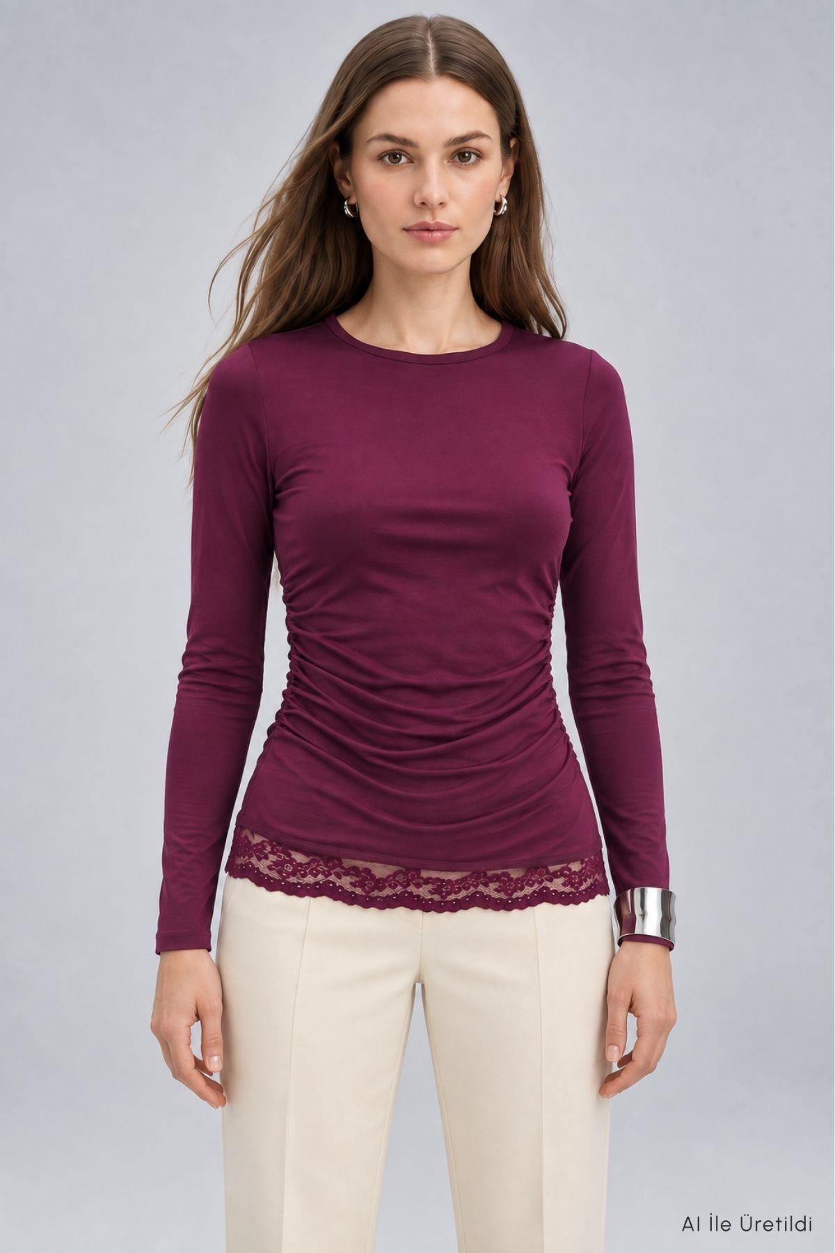 Eteği Dantelli Bluz 6180 Mürdüm - RAYS