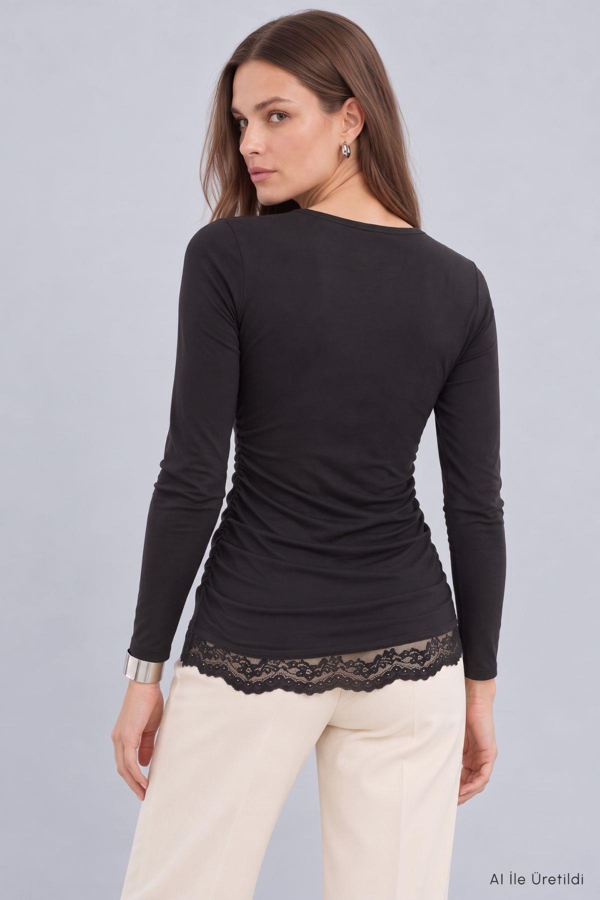 Eteği Dantelli Bluz 6180 Siyah - RAYS