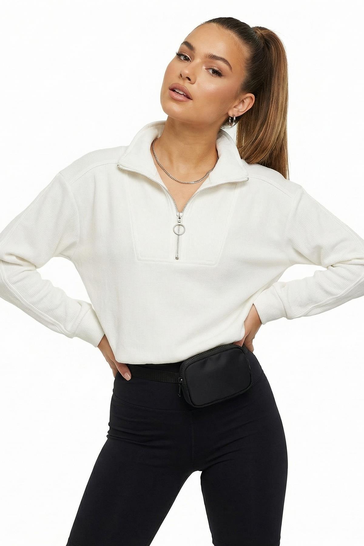  Fermuar Detay Kazak Ekru 3065A - 1