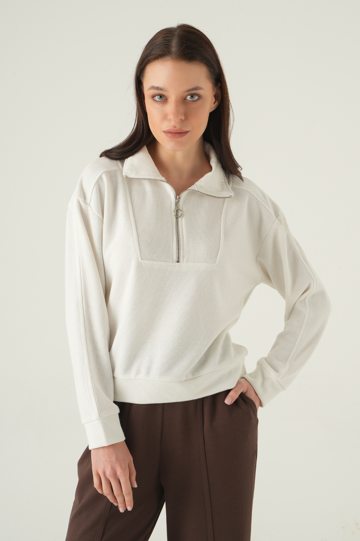 Fermuar Detay Kazak Ekru 3065A 