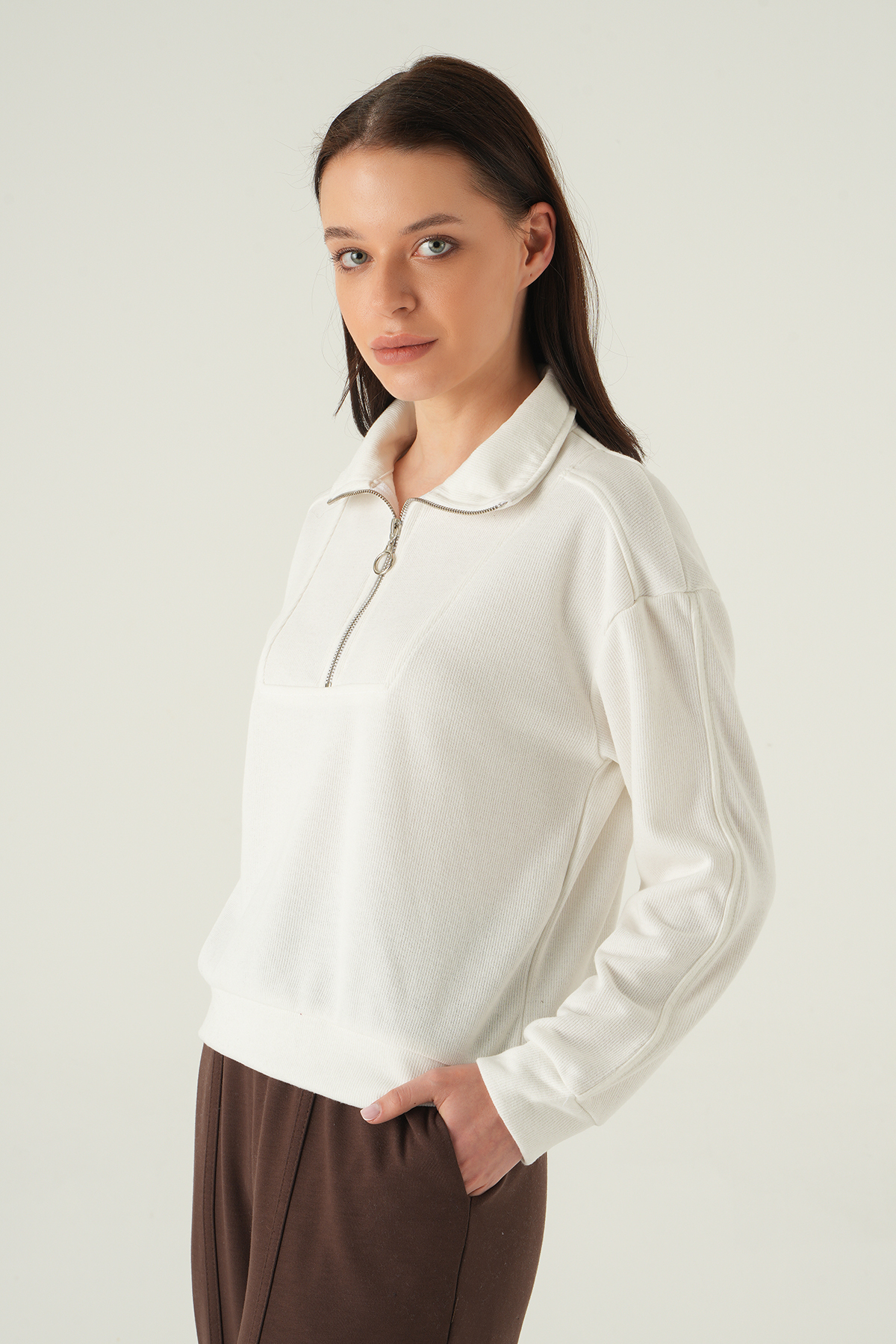 Fermuar Detay Kazak Ekru 3065A - 6