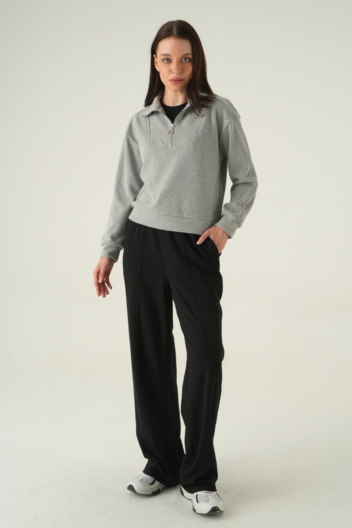 Fermuar Detay Kazak Gri 3065A - 3