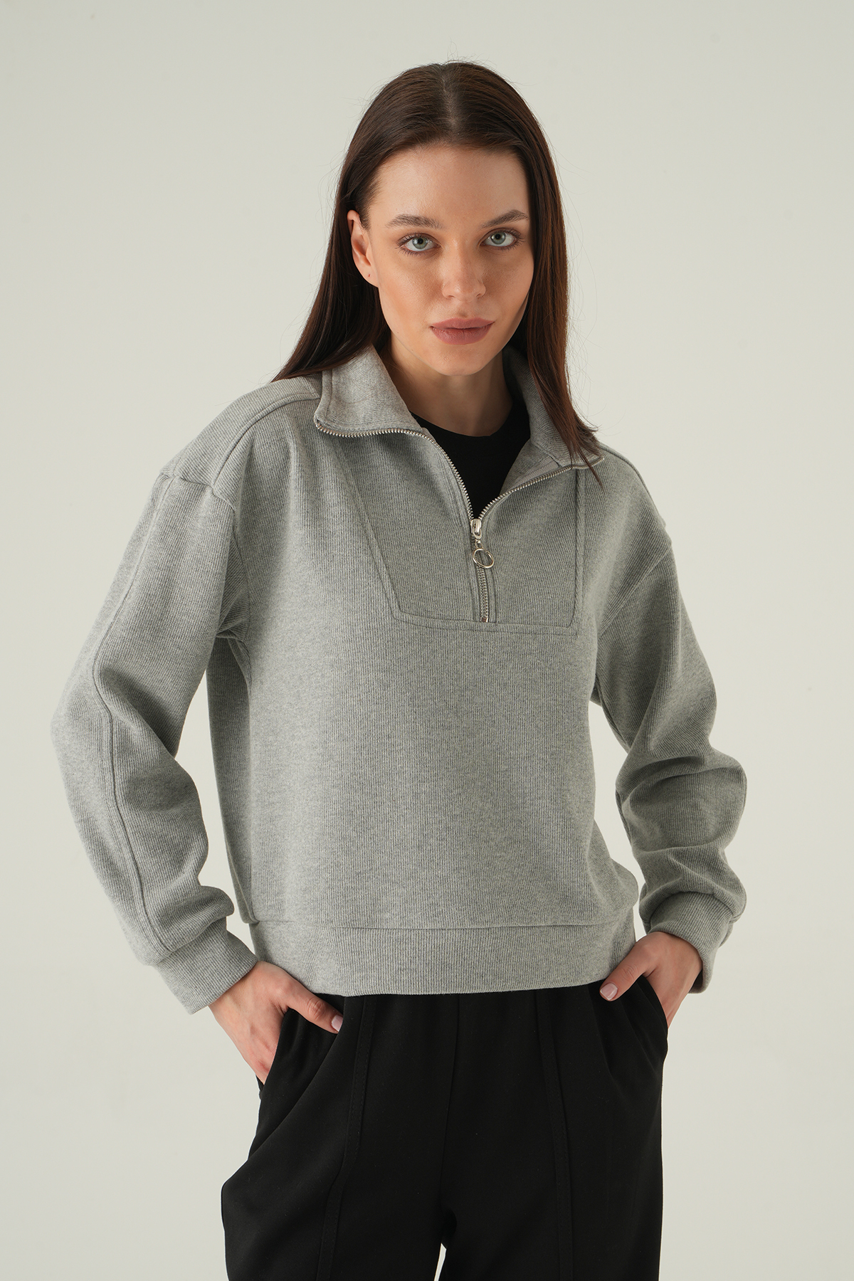 Fermuar Detay Kazak Gri 3065A - 6