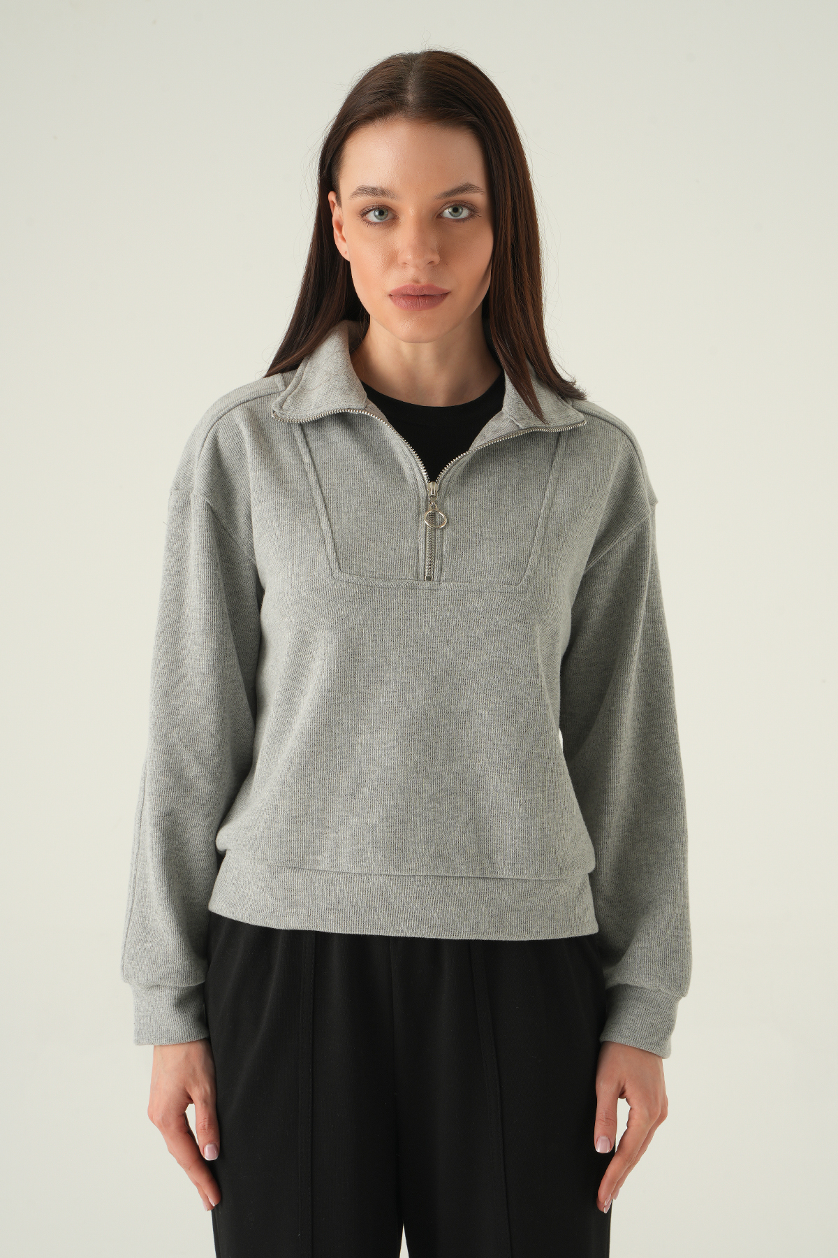 Fermuar Detay Kazak Gri 3065A - 2