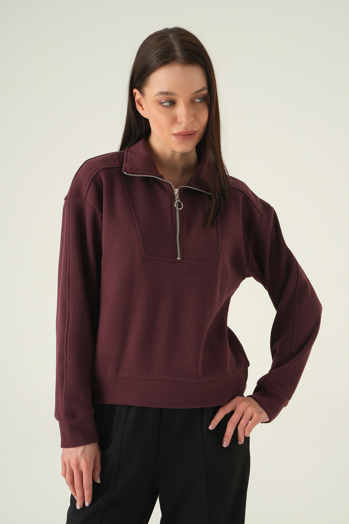 Fermuar Detay Kazak Mürdüm 3065A - 6