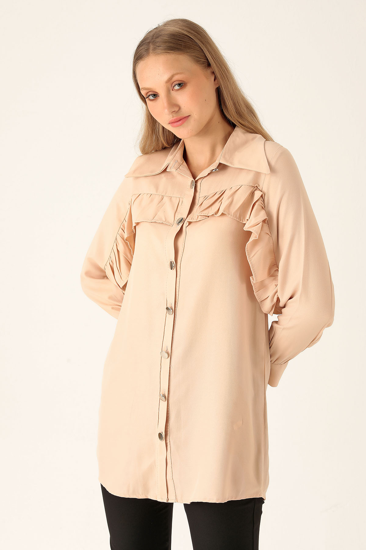 Fırfır Detay Bayan Gömlek - 6731A Bej - 2