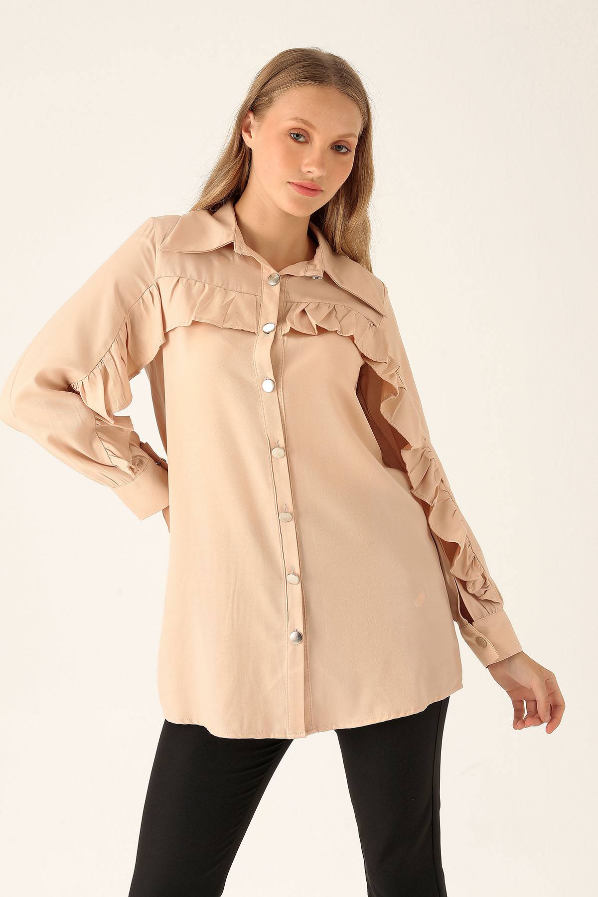 Fırfır Detay Bayan Gömlek - 6731A Bej 