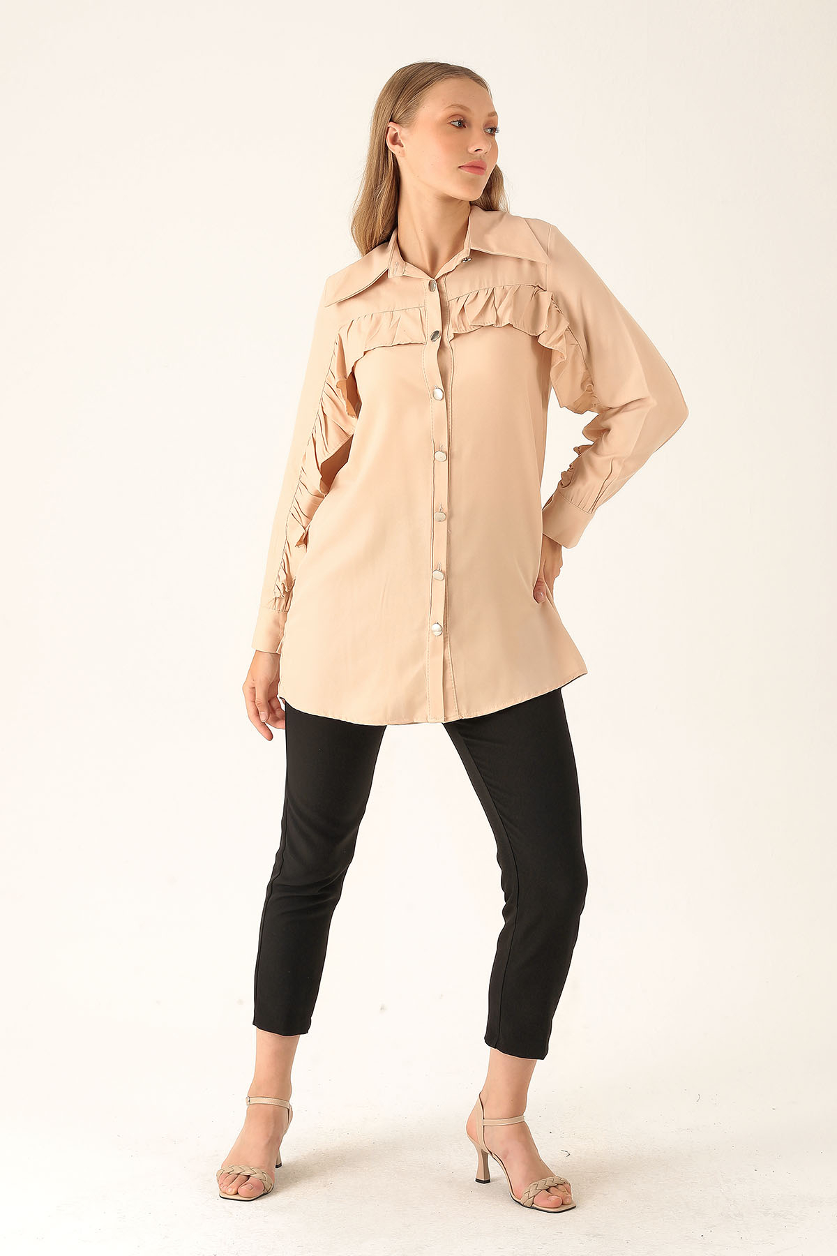 Fırfır Detay Bayan Gömlek - 6731A Bej - 3