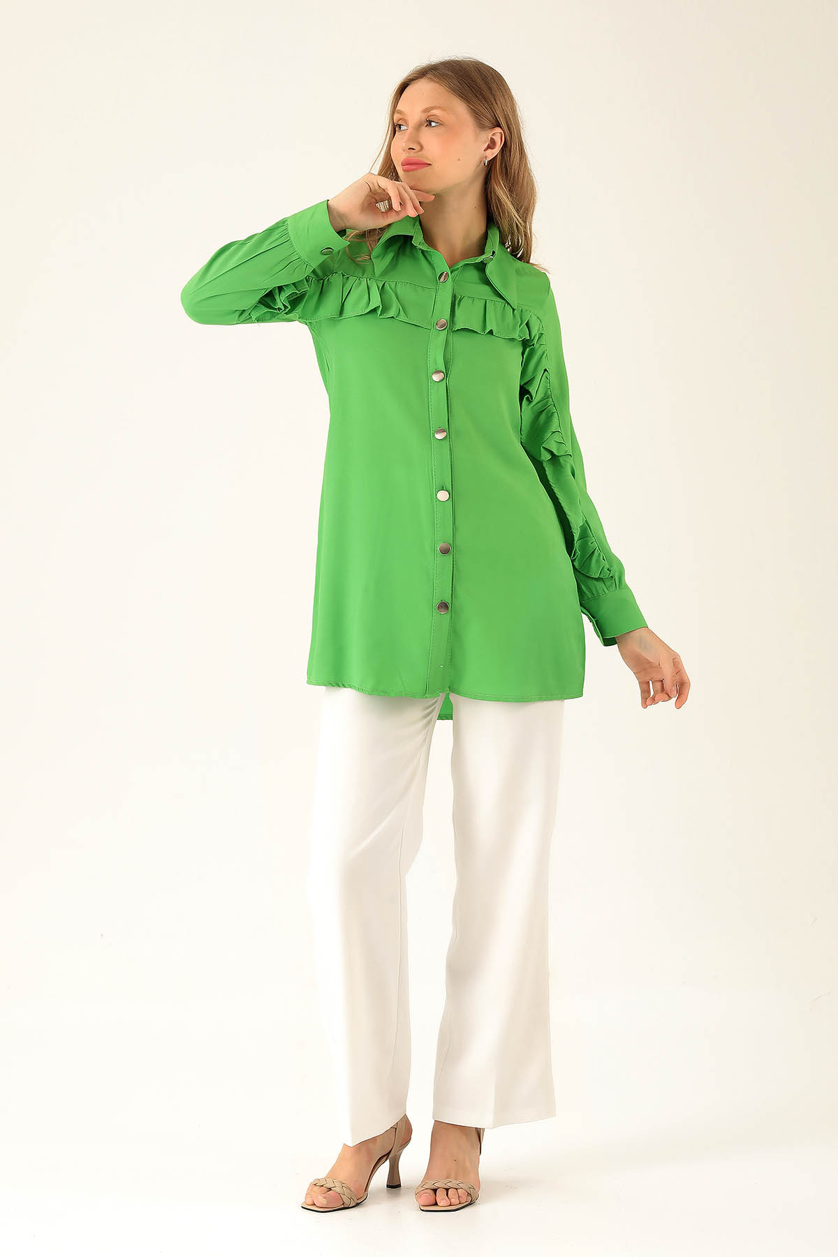 Fırfır Detay Bayan Gömlek - 6731A Benetton Yeşili - 4
