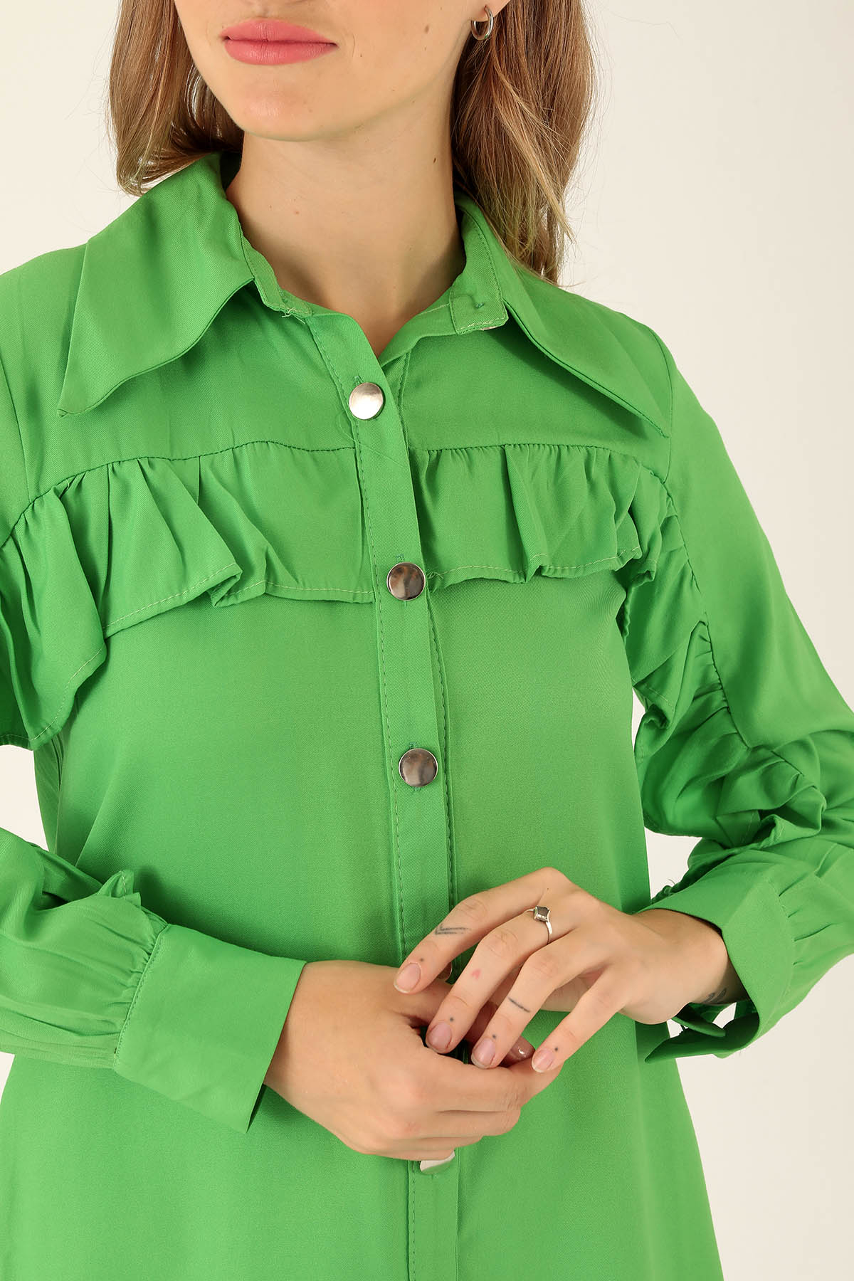 Fırfır Detay Bayan Gömlek - 6731A Benetton Yeşili - 6