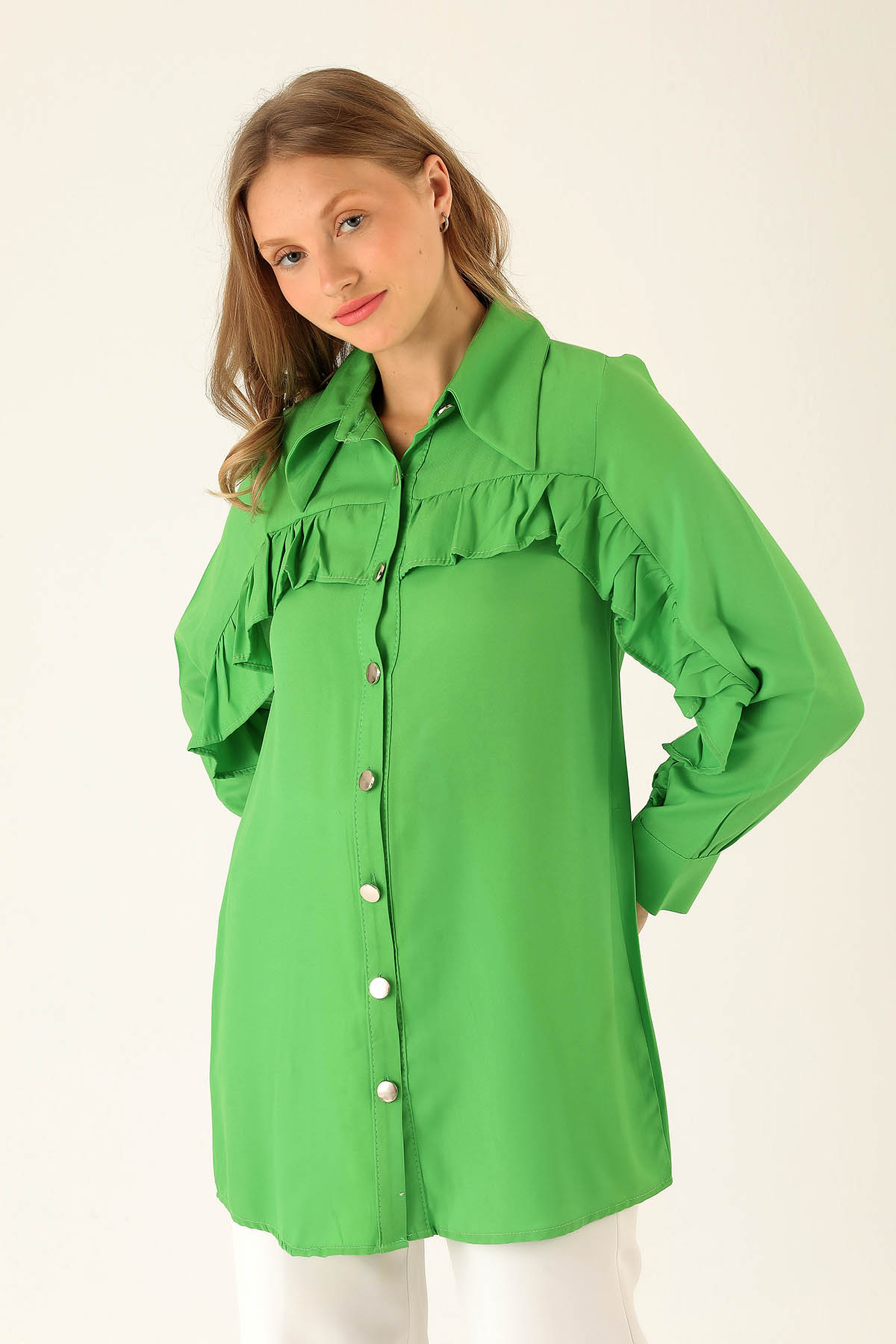 Fırfır Detay Bayan Gömlek - 6731A Benetton Yeşili - 1
