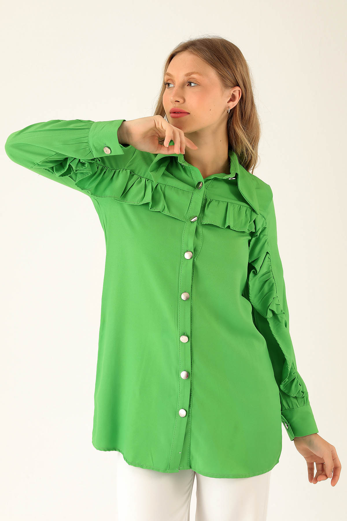 Fırfır Detay Bayan Gömlek - 6731A Benetton Yeşili - 2