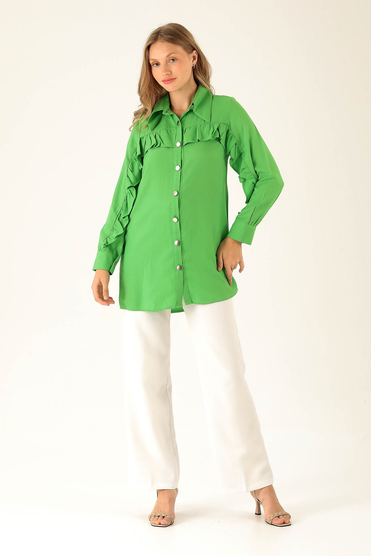 Fırfır Detay Bayan Gömlek - 6731A Benetton Yeşili - 3