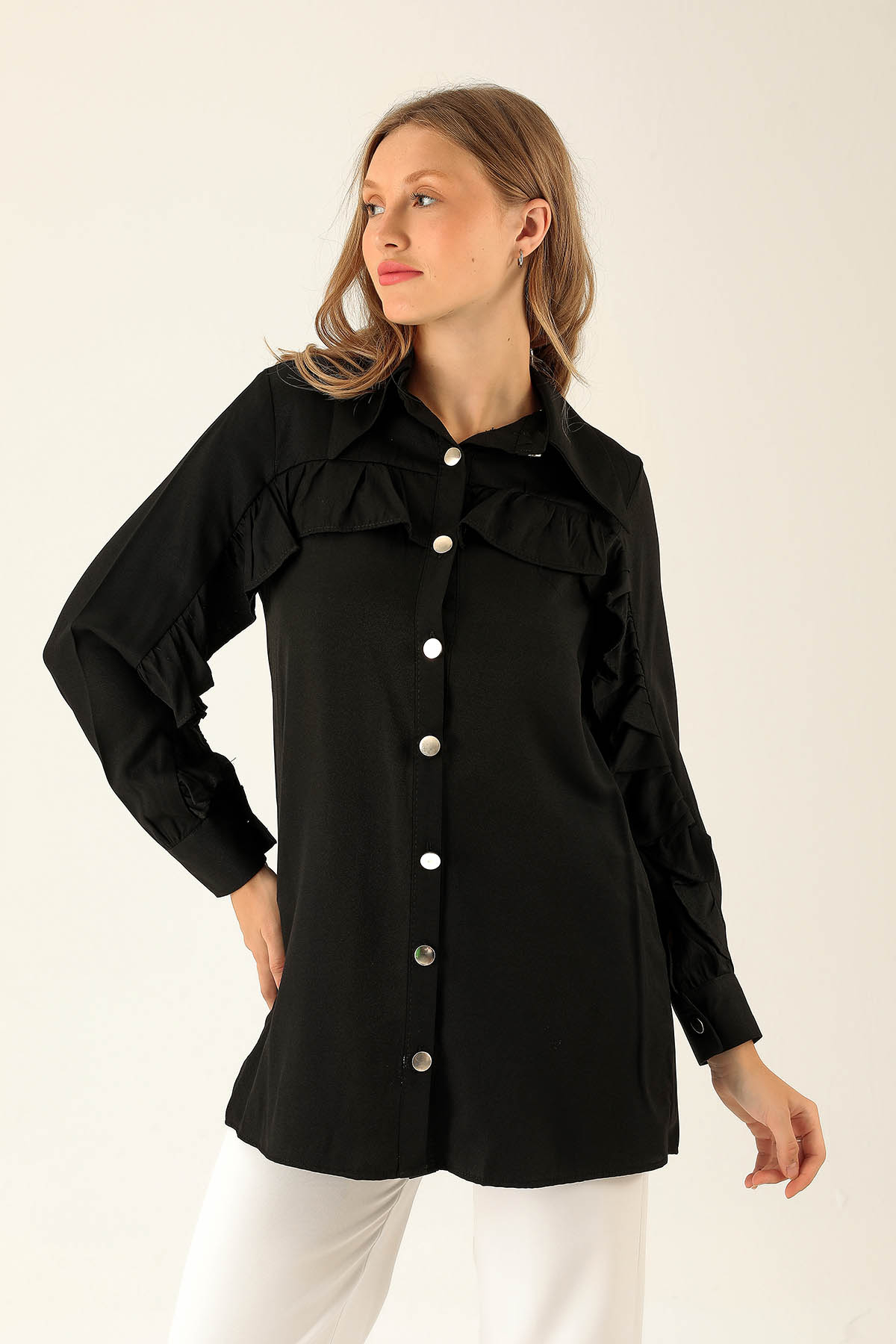 Fırfır Detay Bayan Gömlek - 6731A Siyah - 2