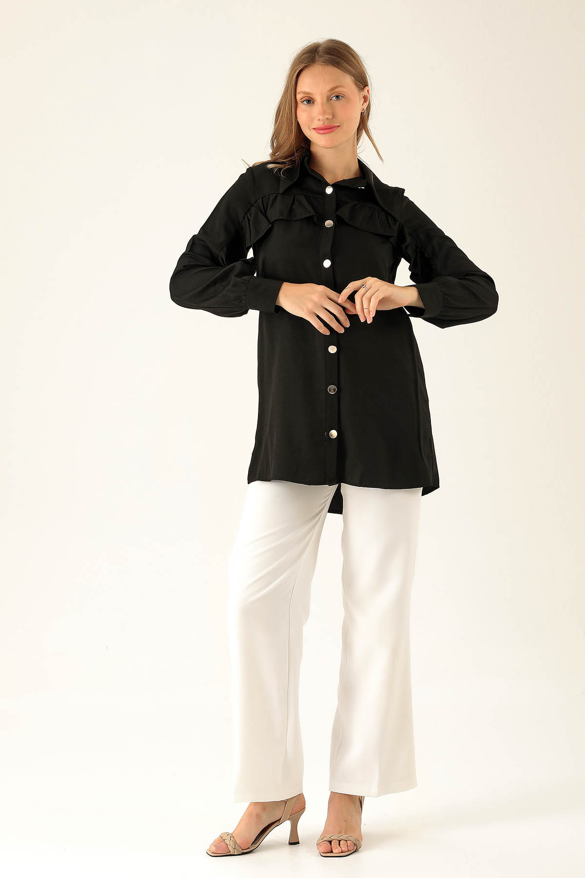 Fırfır Detay Bayan Gömlek - 6731A Siyah - 3