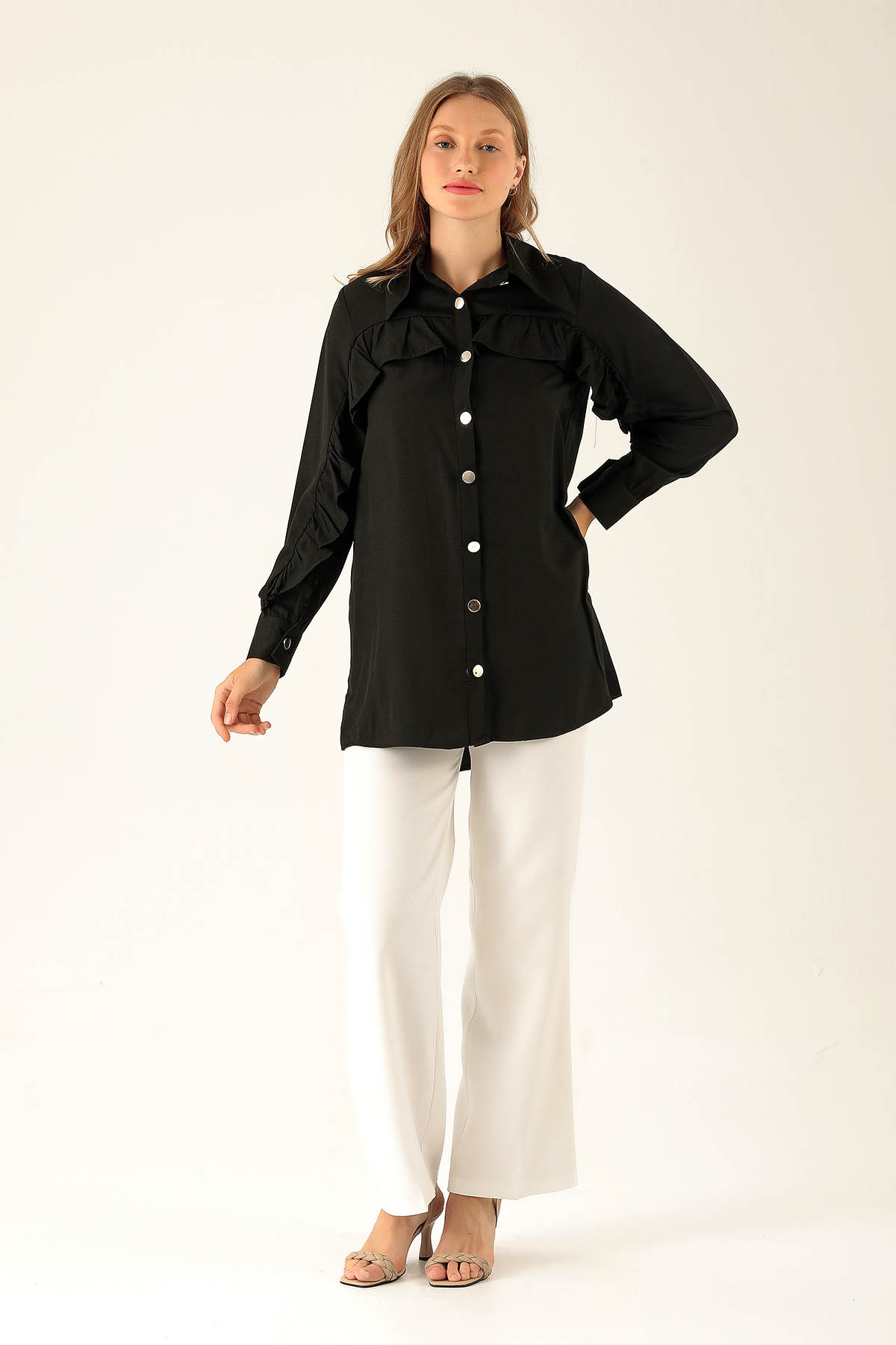 Fırfır Detay Bayan Gömlek - 6731A Siyah - 4